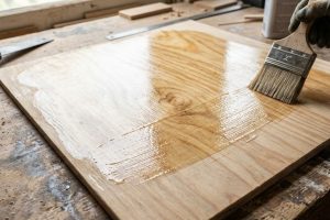 Нанесение защитной пропитки кистью на лист фанеры